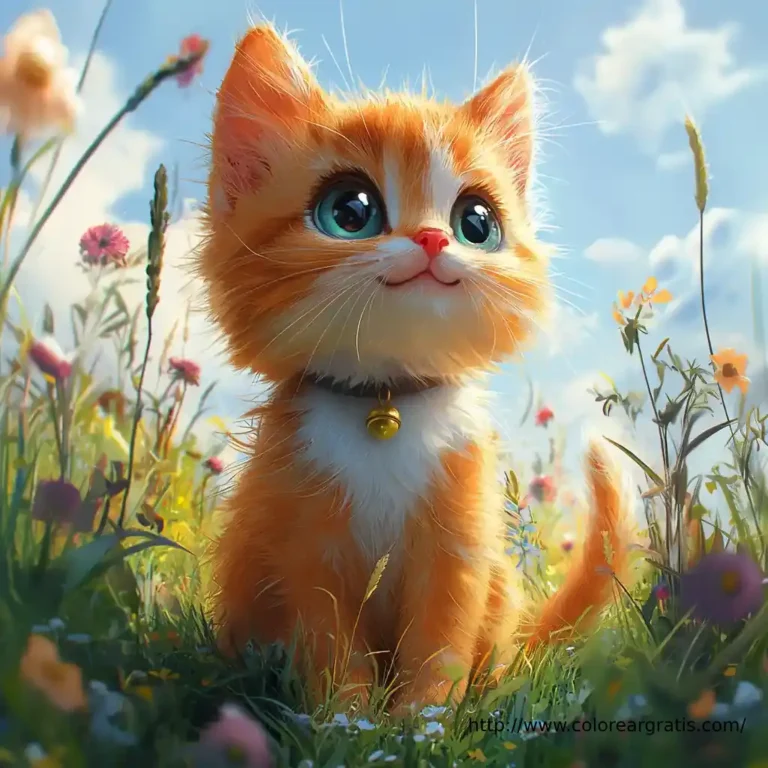 Gatito tierno entre flores – Dibujos de Gatos para Colorear