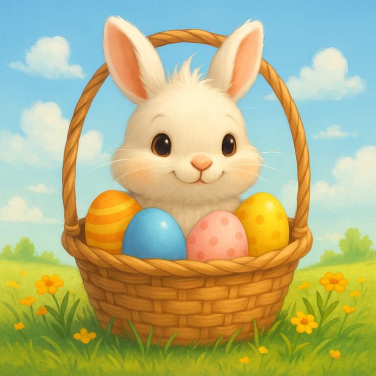 Conejito de Pascua con huevos de colores y mensaje “Feliz Pascua”