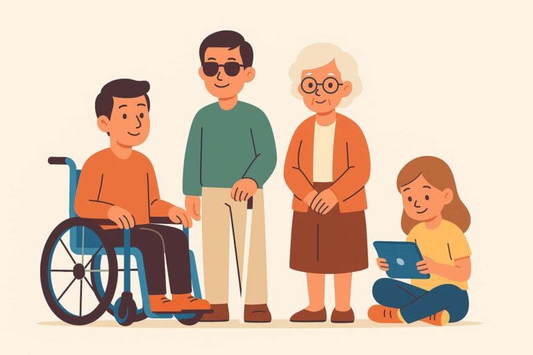 Accesibilidad 1 Ilustración en estilo flat de cuatro personas con discapacidades interactuando con tecnología