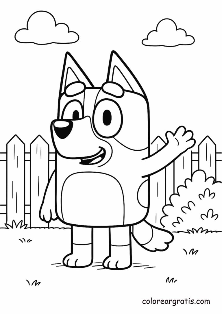 Bluey waving in the garden near a wooden fence 🌿 — coloring page 🎨