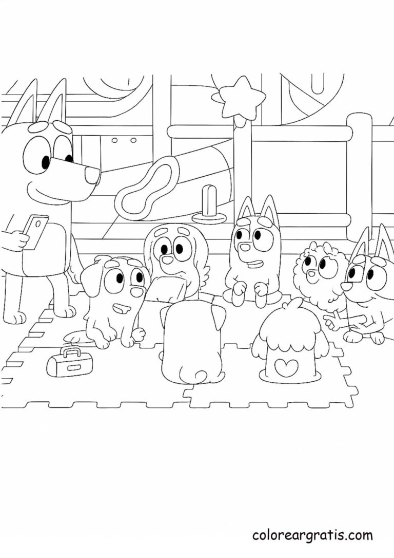 Bluey y sus amigos jugando en la sala de juegos 🐶🎉 — dibujo para colorear