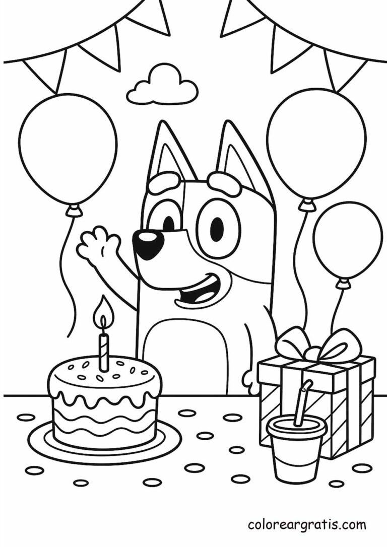 Bluey celebrating a birthday party with balloons, cake, and presents 🎂🎁 — coloring page 🎨
