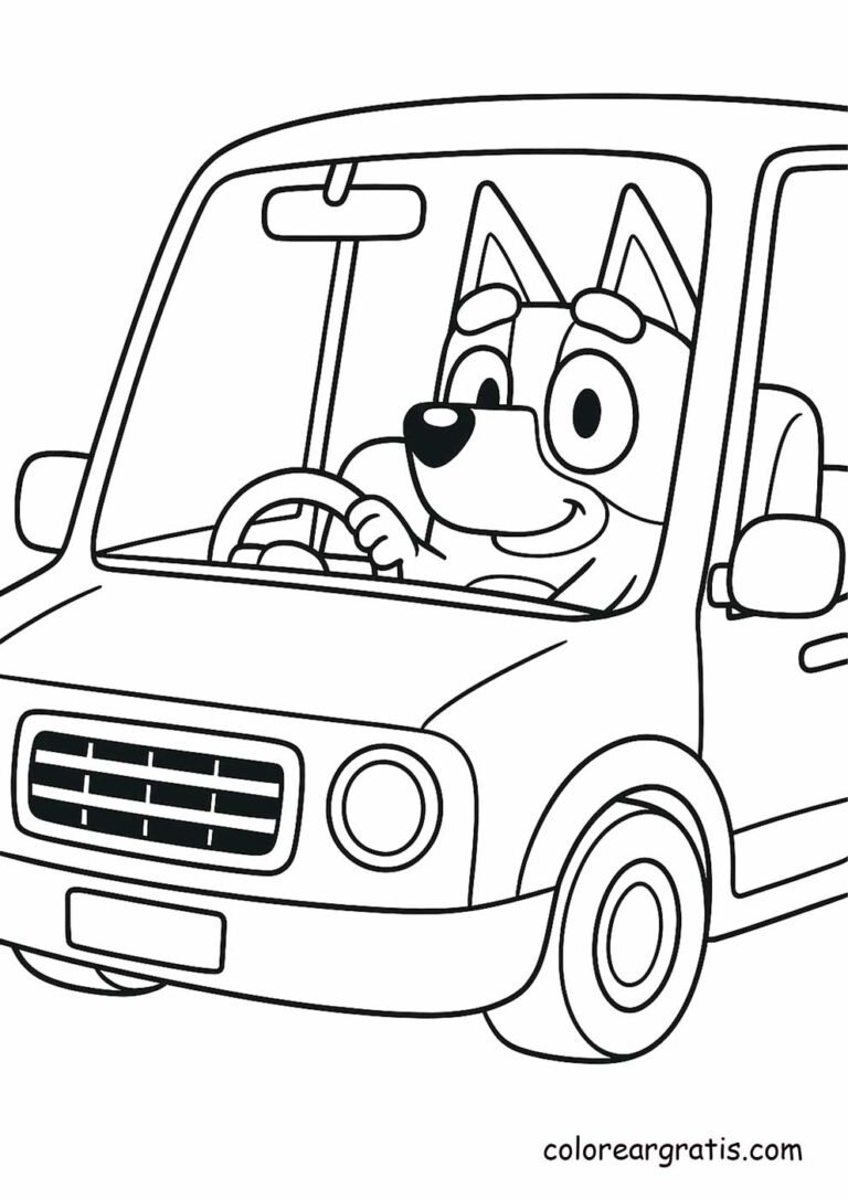 Bluey driving a car with a big smile 🚗 — fun coloring page