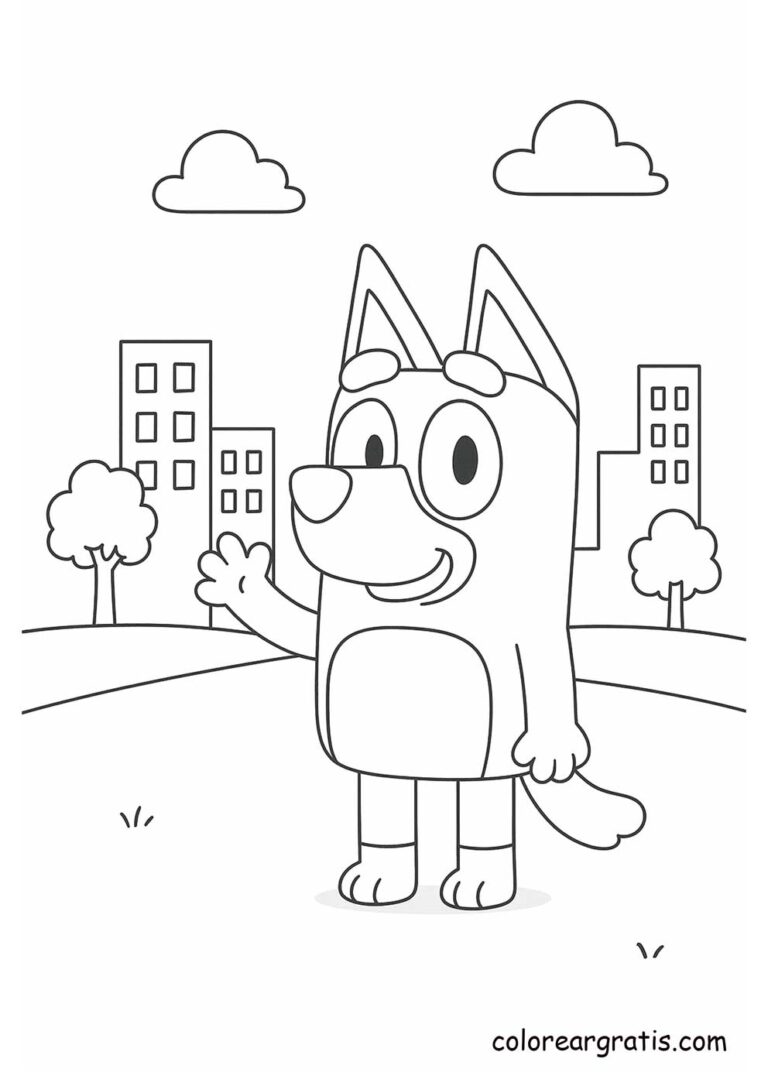 Bluey waving in the city 🏙️ — coloring page 🎨