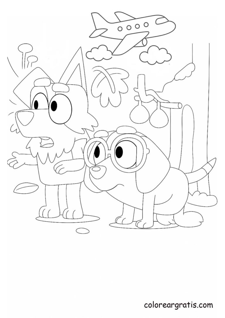 Bluey and a friend watching a plane fly overhead ✈️ — adventure and discovery coloring page 🧭