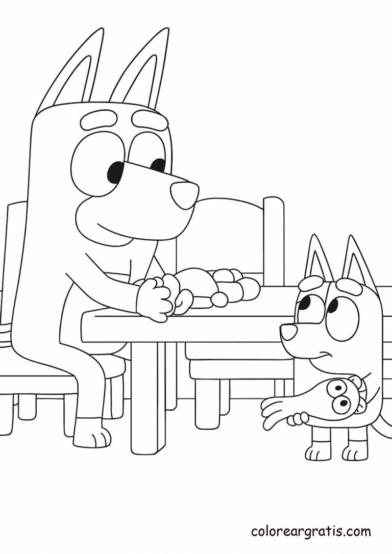 Bluey and her dad sitting at the table — heartwarming coloring page about family moments 👨‍👧🎨