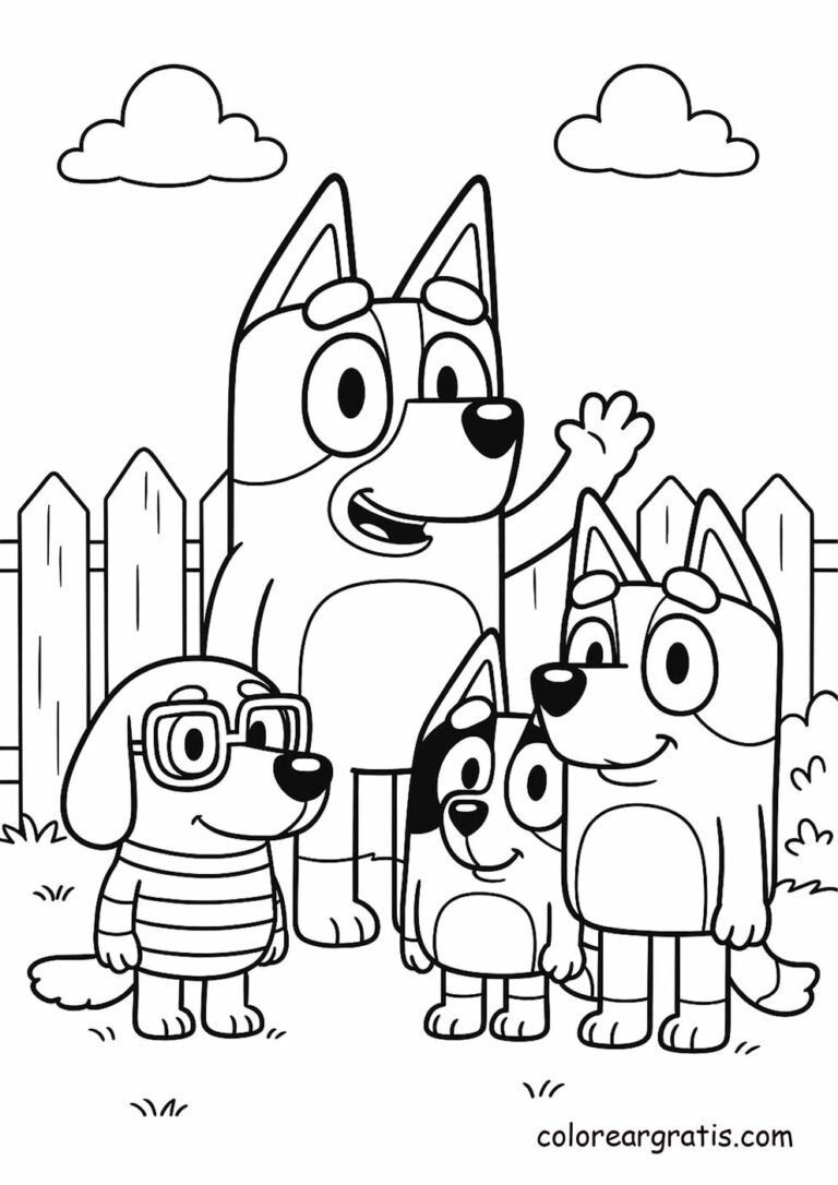 Bluey’s family and friends in the garden 🐾 — coloring page 🎨