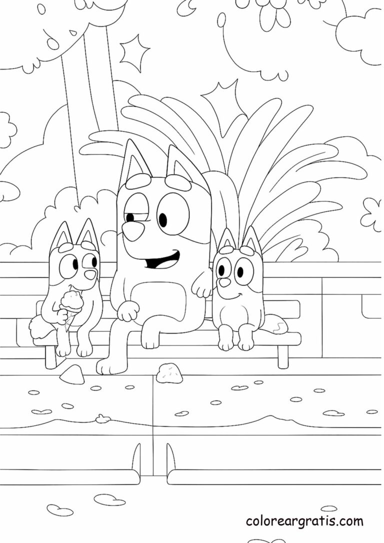 Bluey, Bingo, and their dad sitting in the park 🌳 — coloring page 🎨