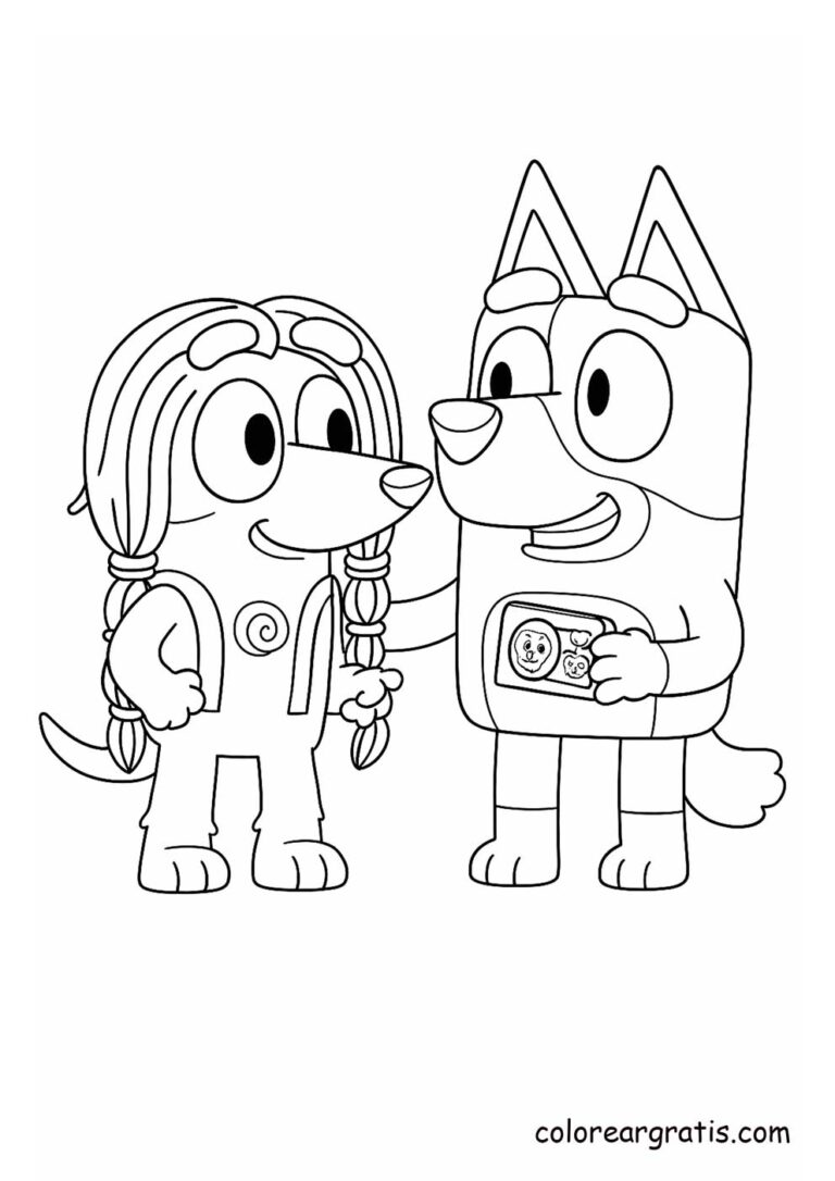 Bluey and Indy smiling with a camera 📸 — friendship coloring page 🎨