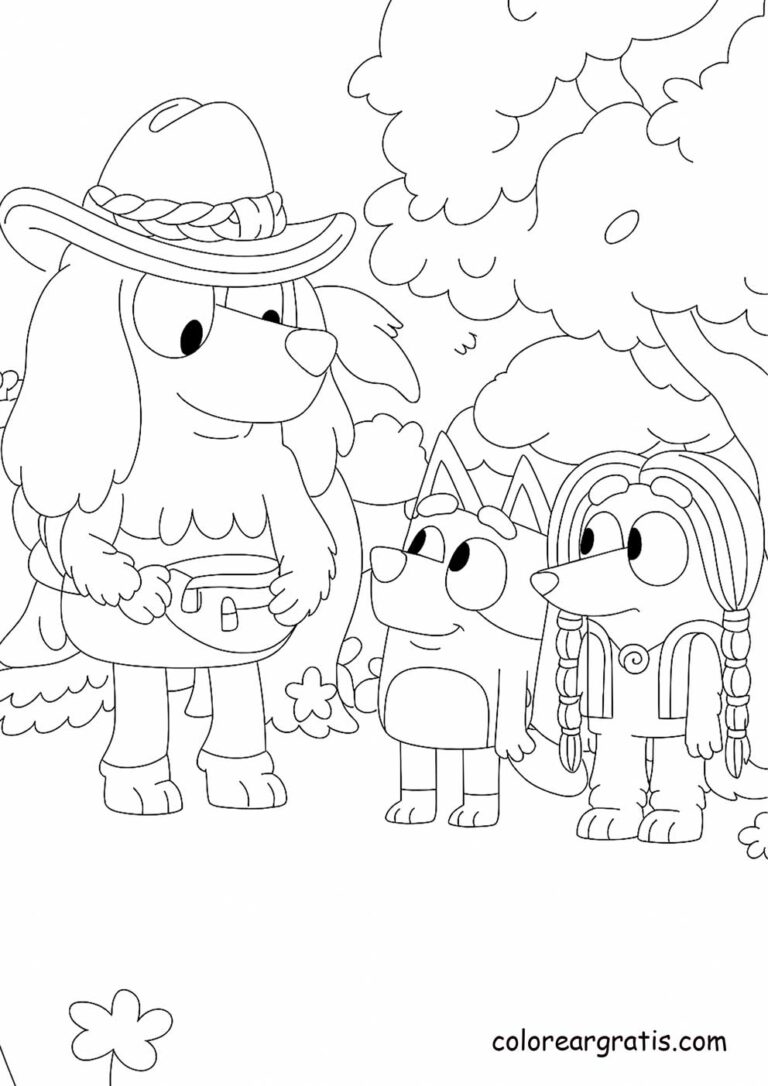 Bluey and her friends with a guide in the forest 🌳 — educational coloring page 🎒