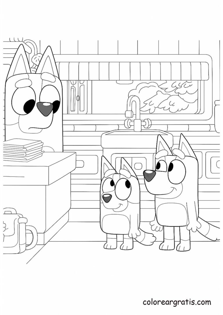 Bluey, Bingo, and their mom Chilli in the kitchen 👩‍🍳 — family coloring page 🎨