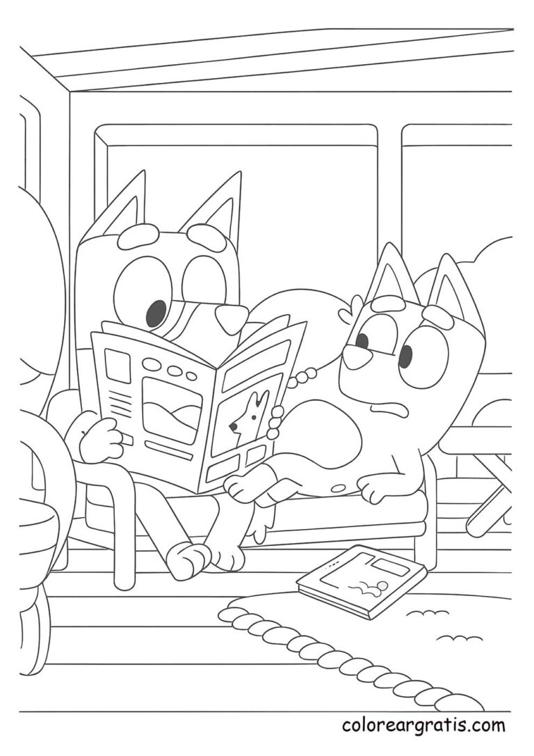 Bluey reading the newspaper with Bingo at home 🛋️ — relaxing coloring page 📖