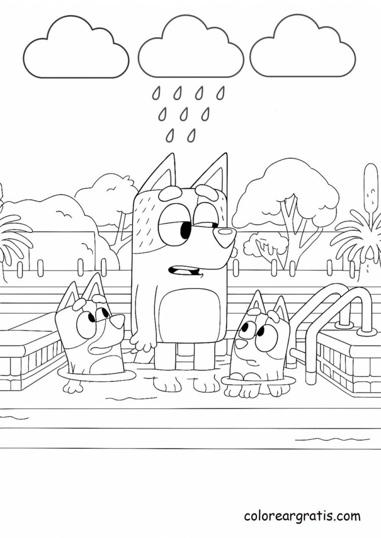 Bluey and her family swimming in the pool under the rain ☔ — summer and water fun coloring page