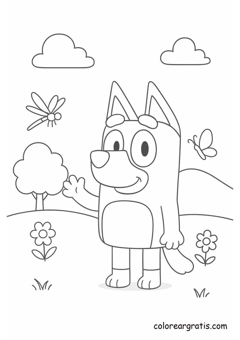 Bluey in the park with flowers, clouds, and butterflies 🦋 — coloring page for kids 🎨