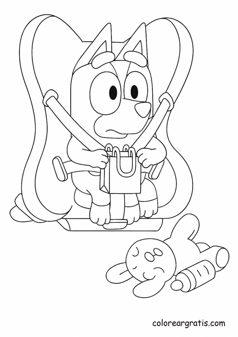 Bluey in her child safety seat ready for a ride 🚗🧸 — educational coloring page