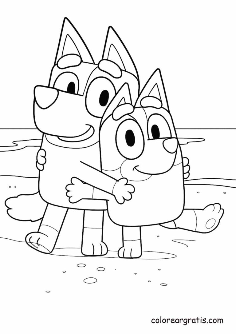 Bluey and Bingo walking together on the beach 🌊 — summer coloring page ☀️