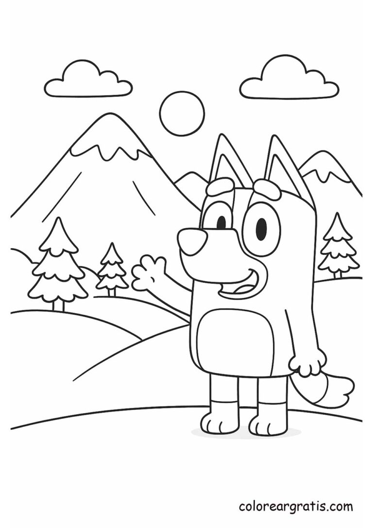 Bluey walking through the countryside with mountains in the background 🏞️ — outdoor nature coloring page