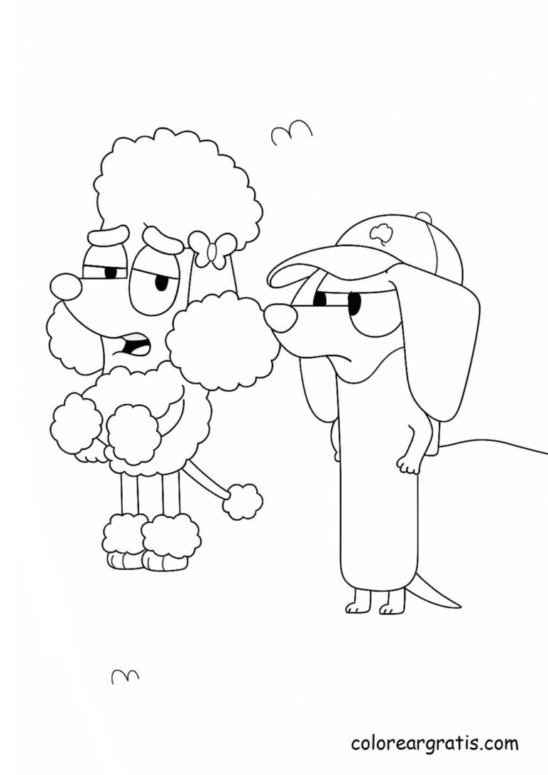 Coco and Snickers from Bluey in black and white, ready to be colored