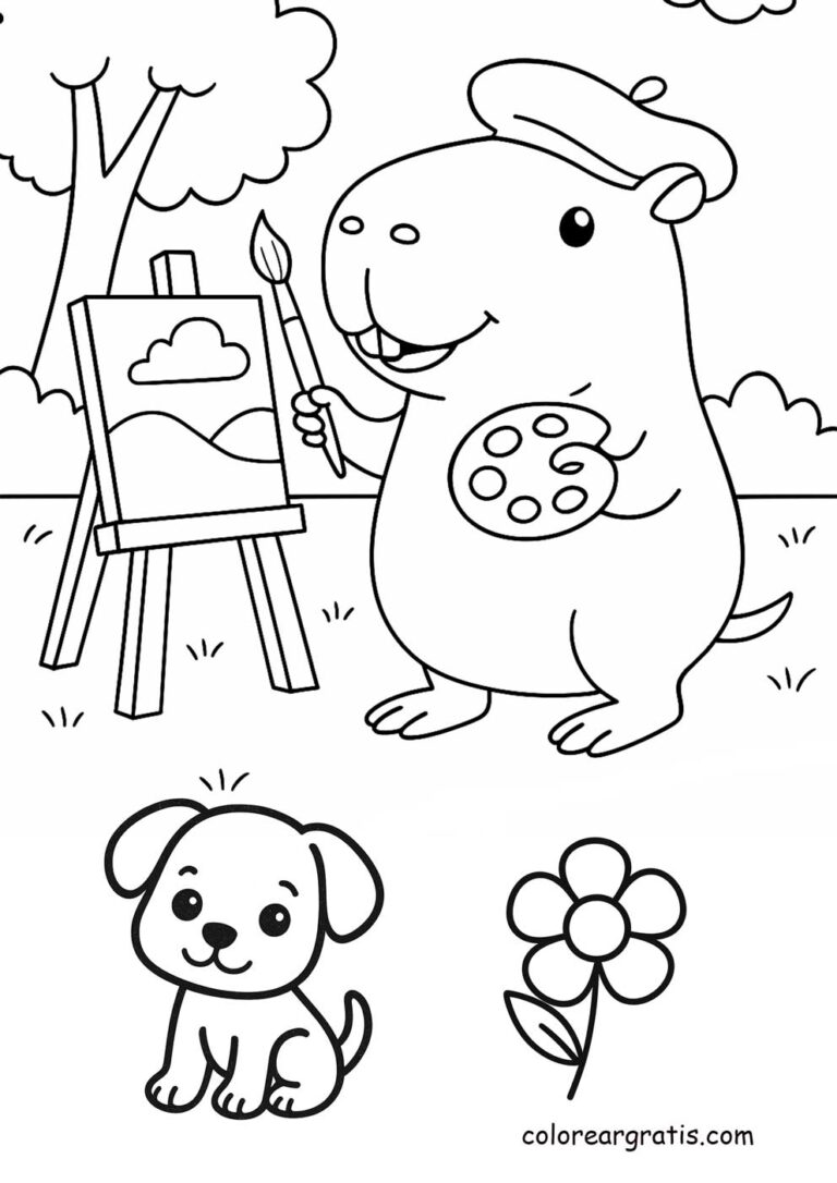Dibujo para colorear capibara artista pintando un cuadro