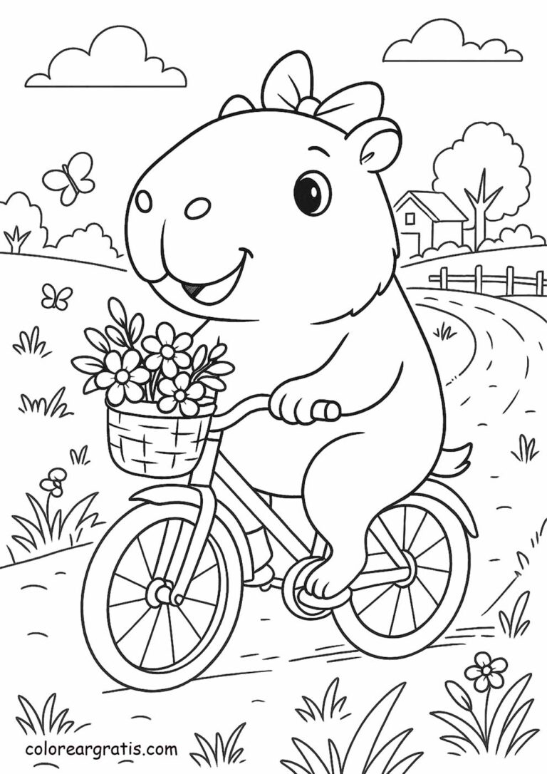 Capibara montando bicicleta con flores – dibujo para colorear