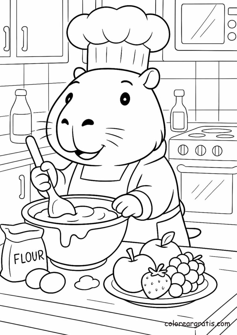 Capibara cocinando en la cocina con utensilios – dibujo para colorear