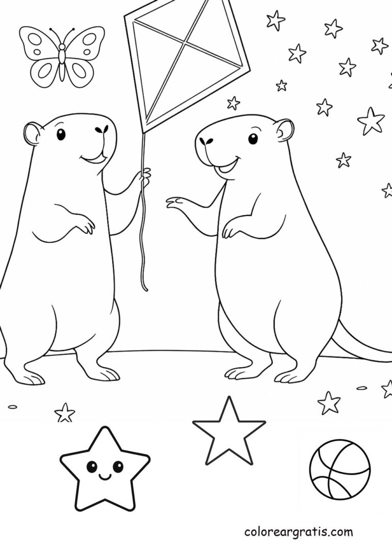Dos capibaras jugando con un cometa – dibujo para colorear