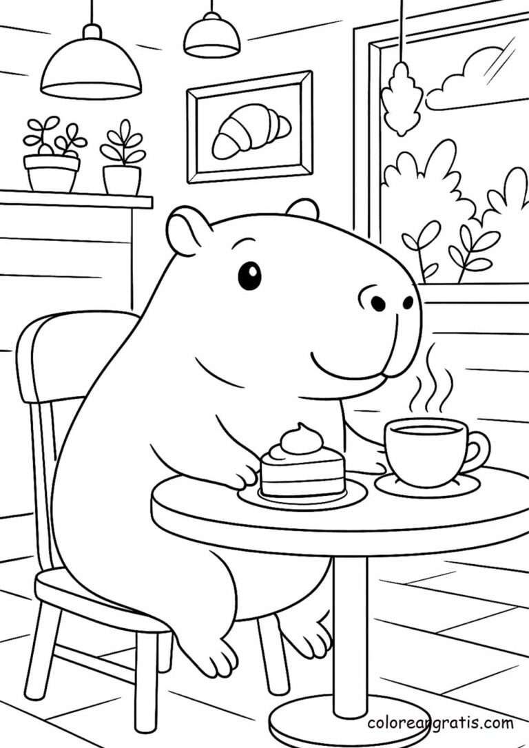 Capibara desayunando con café y panecillos – dibujo para colorear