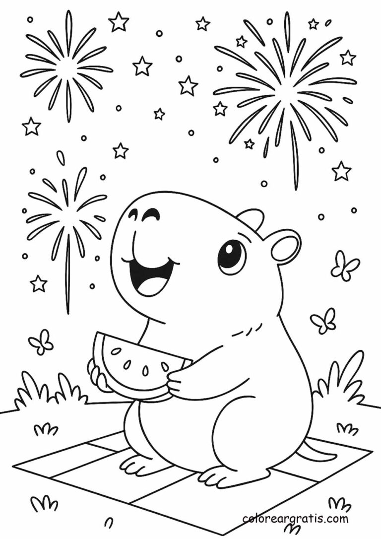 Capibara viendo fuegos artificiales y comiendo sandía – dibujo para colorear