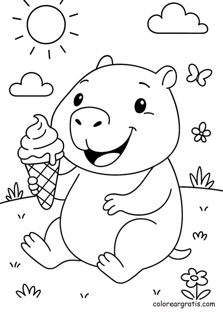Capibara desayunando con café y panecillos – dibujo para colorear