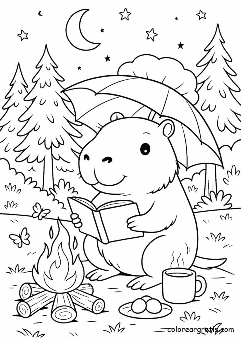 Capibara sentada junto a una hoguera leyendo un libro – dibujo para colorear