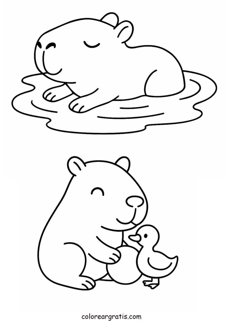 Capibara nadando y jugando con un patito – dibujo para colorear
