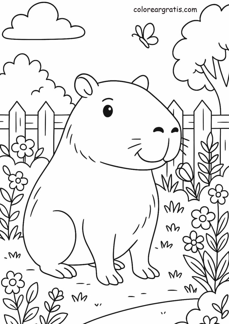 Capibara sentada en el jardín rodeada de flores – dibujo para colorear