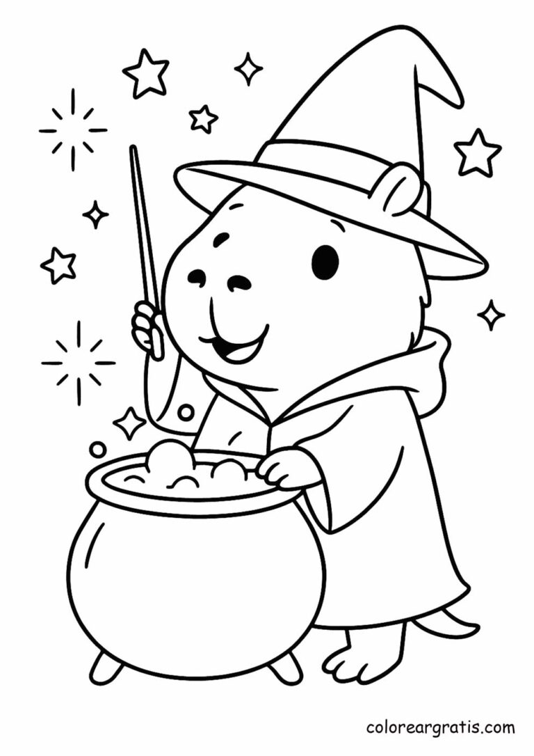 Capibara disfrazada de mago preparando poción – dibujo para colorear