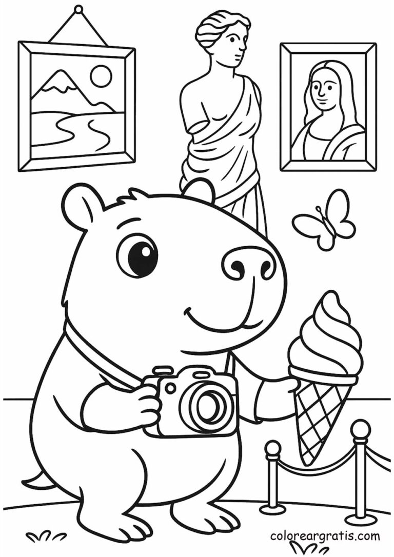 Capibara con cámara visitando un museo – dibujo para colorear