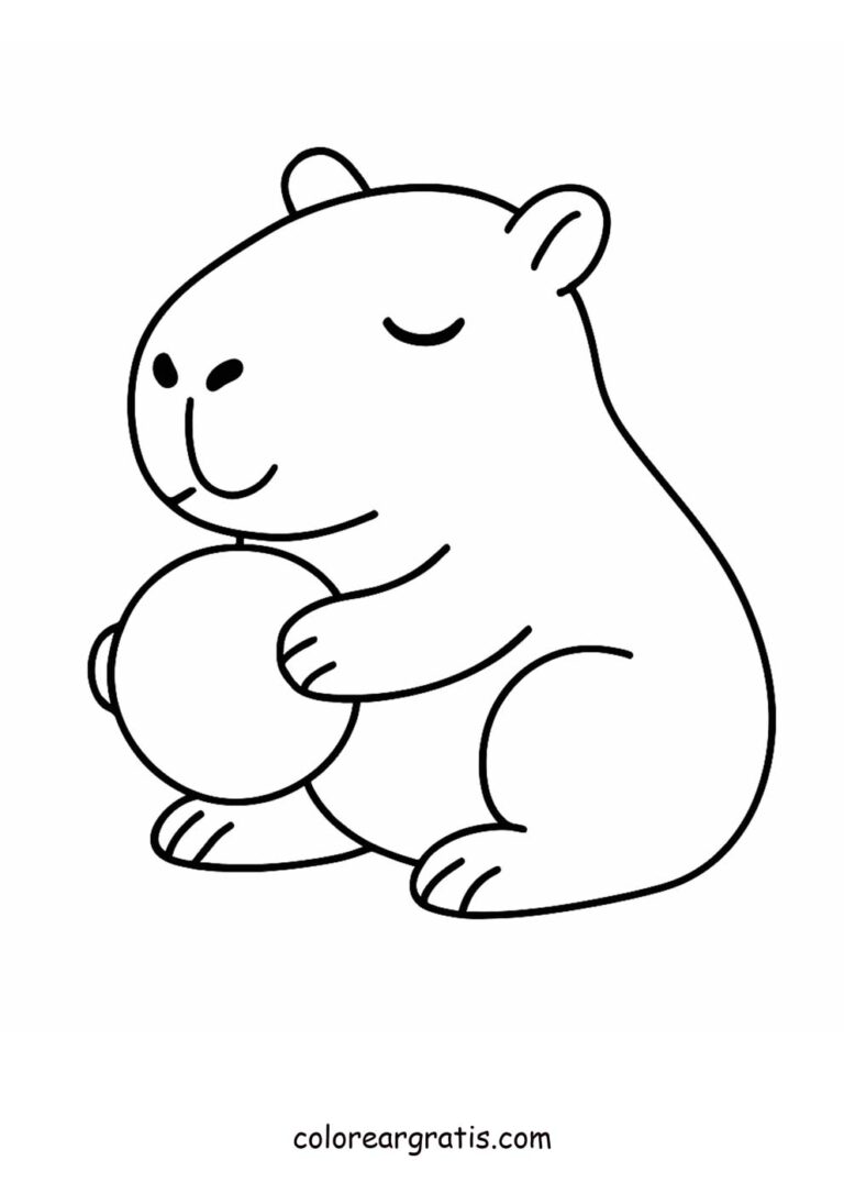 Capibara sentada abrazando una pelota – dibujo para colorear