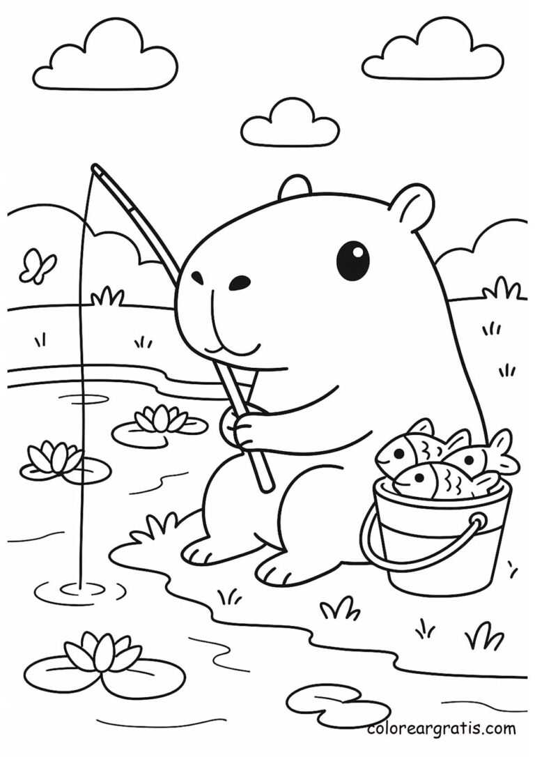 Capibara pescando en el lago con caña – dibujo para colorear