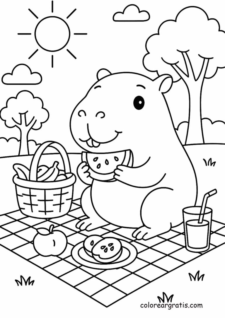 Capibara feliz en picnic bajo el sol – dibujo para colorear