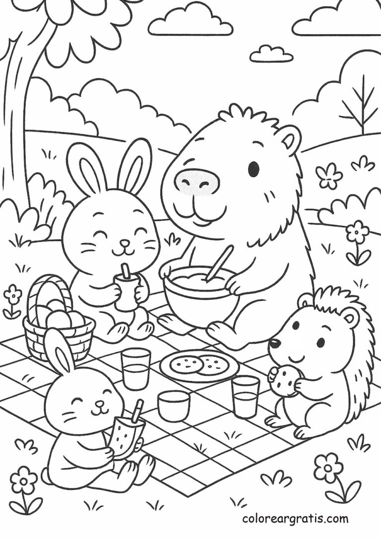 Capibara y amigos animales en picnic – dibujo para colorear
