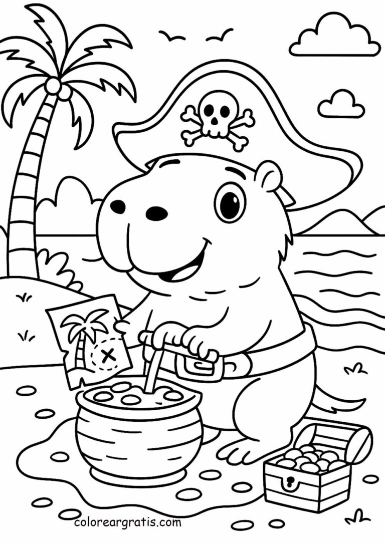 Capibara disfrazada de pirata con tesoro en la playa – dibujo para colorear