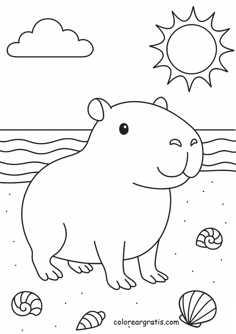 Capibara en la playa bajo el sol – dibujo para colorear divertido