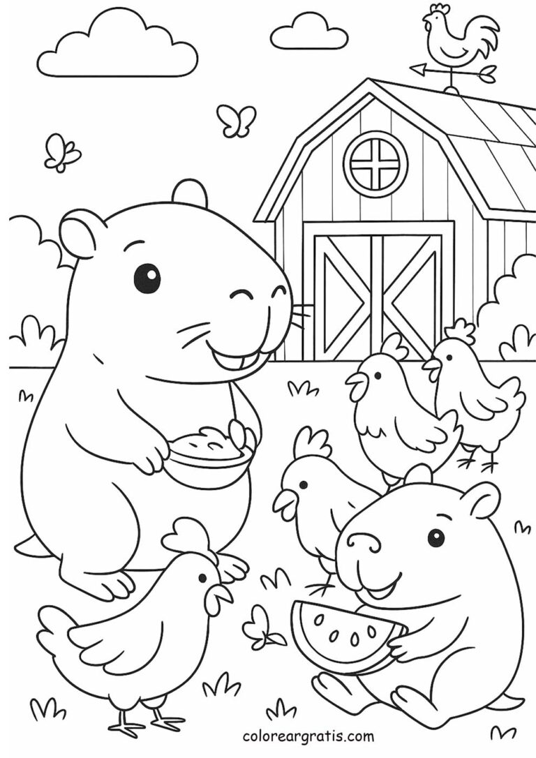 Dibujo de capibara alimentando gallinas en el campo para colorear