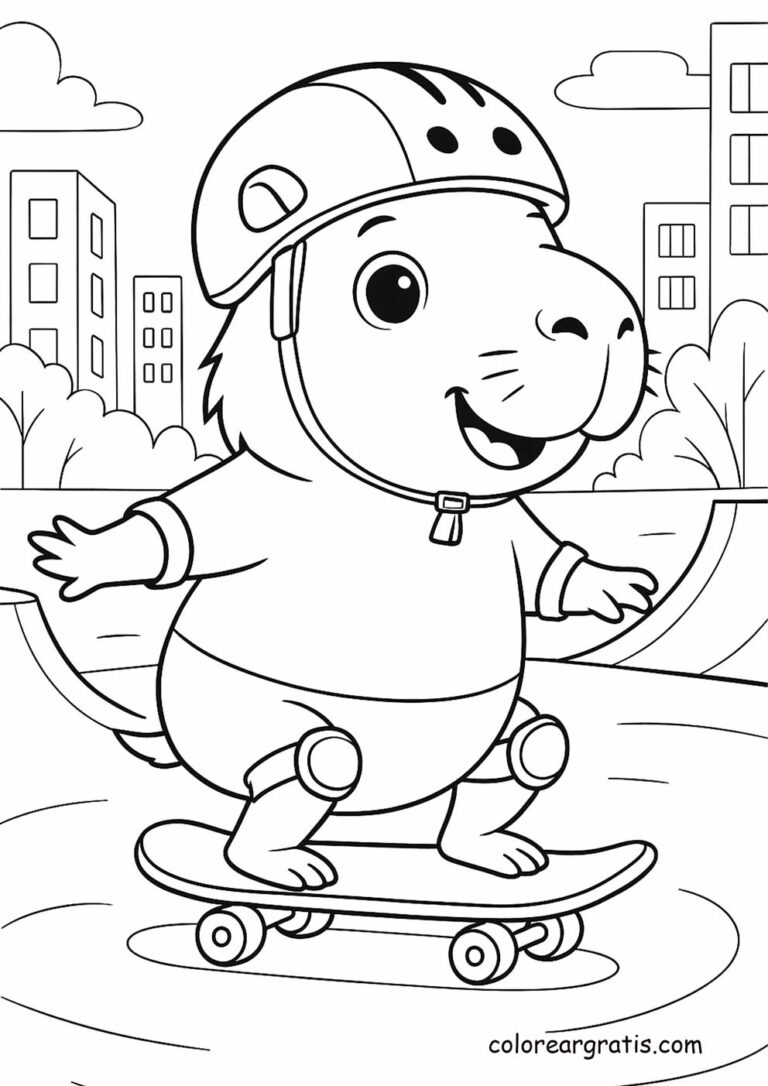 Capybara riding a skateboard in the park – coloring page