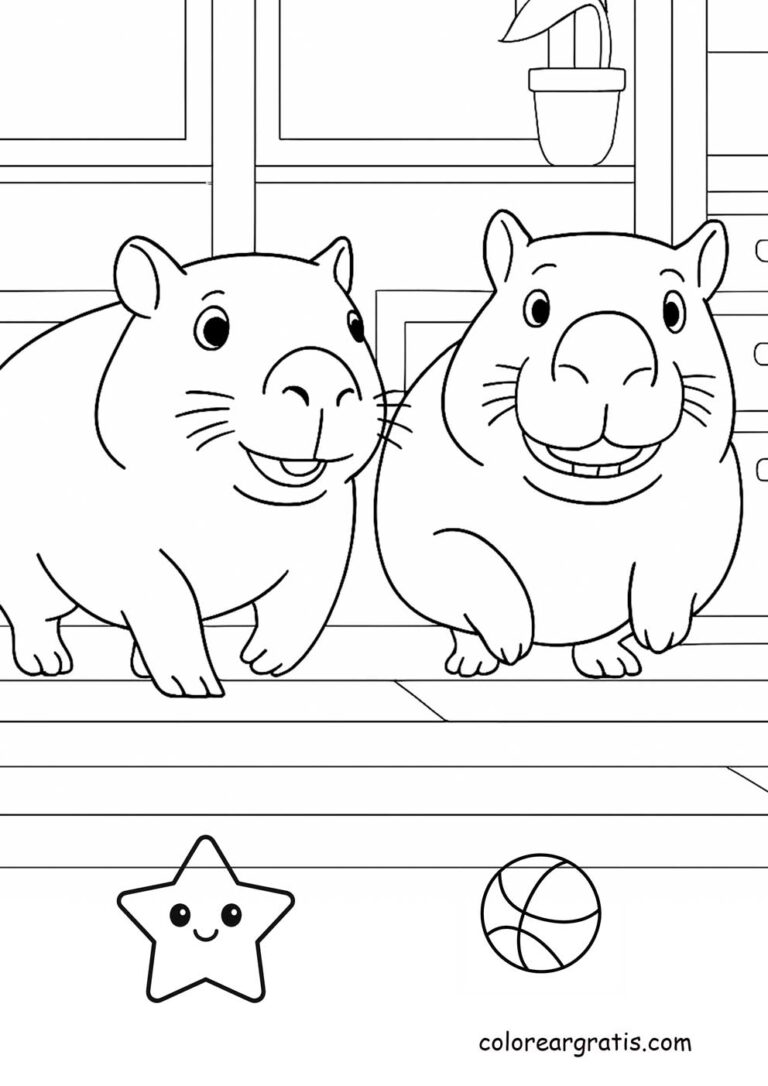 Two capybara friends playing together – coloring page