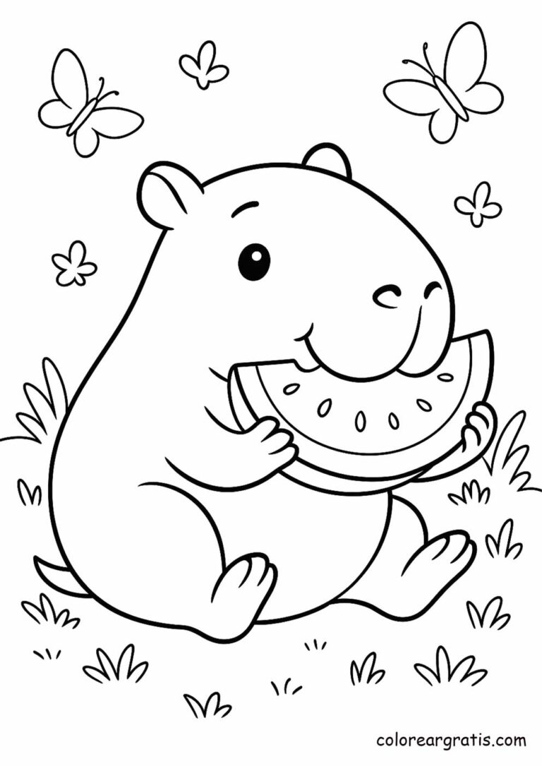 Free coloring page of a capybara eating watermelon