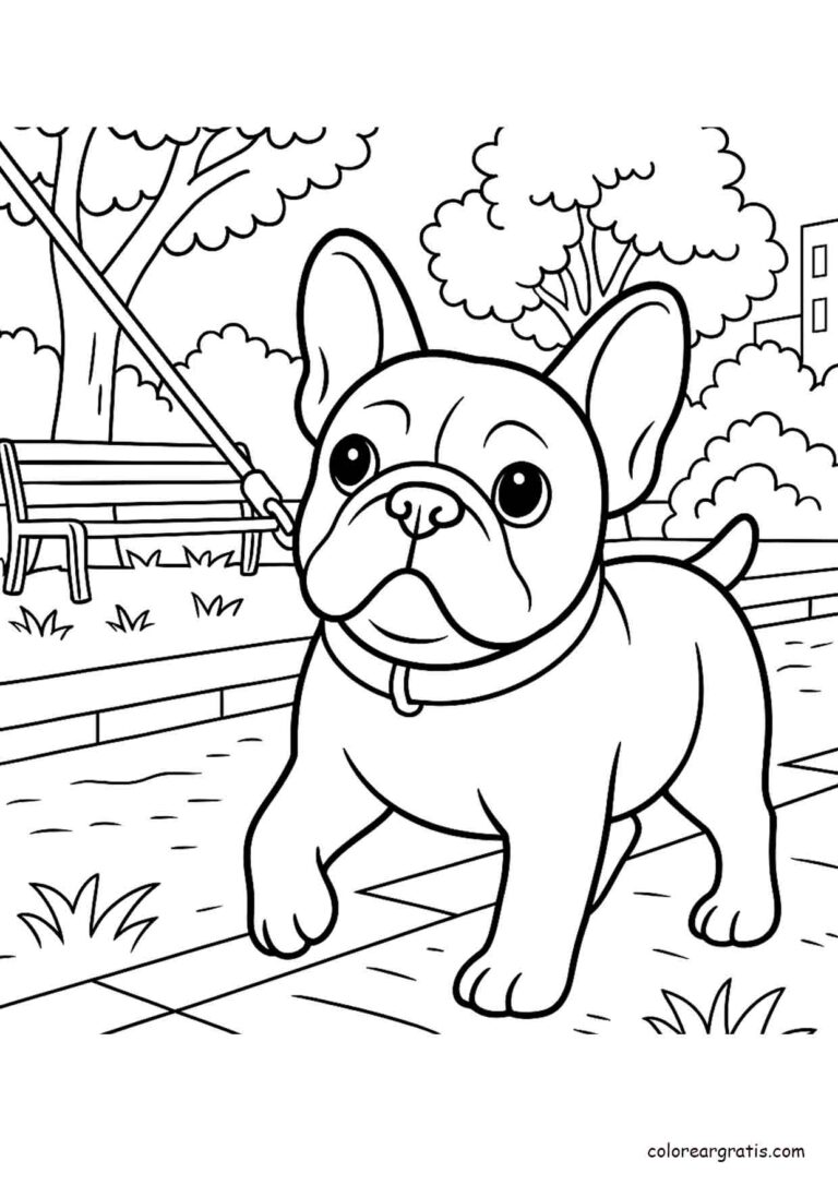 Dibujo de bulldog francés caminando feliz en el parque – Dibujos de Perros para Colorear