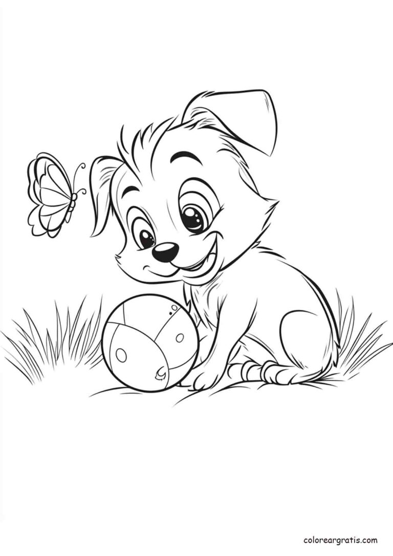 Dibujo para colorear de un cachorro con pelota y mariposa - Dibujos de Perros para Colorear