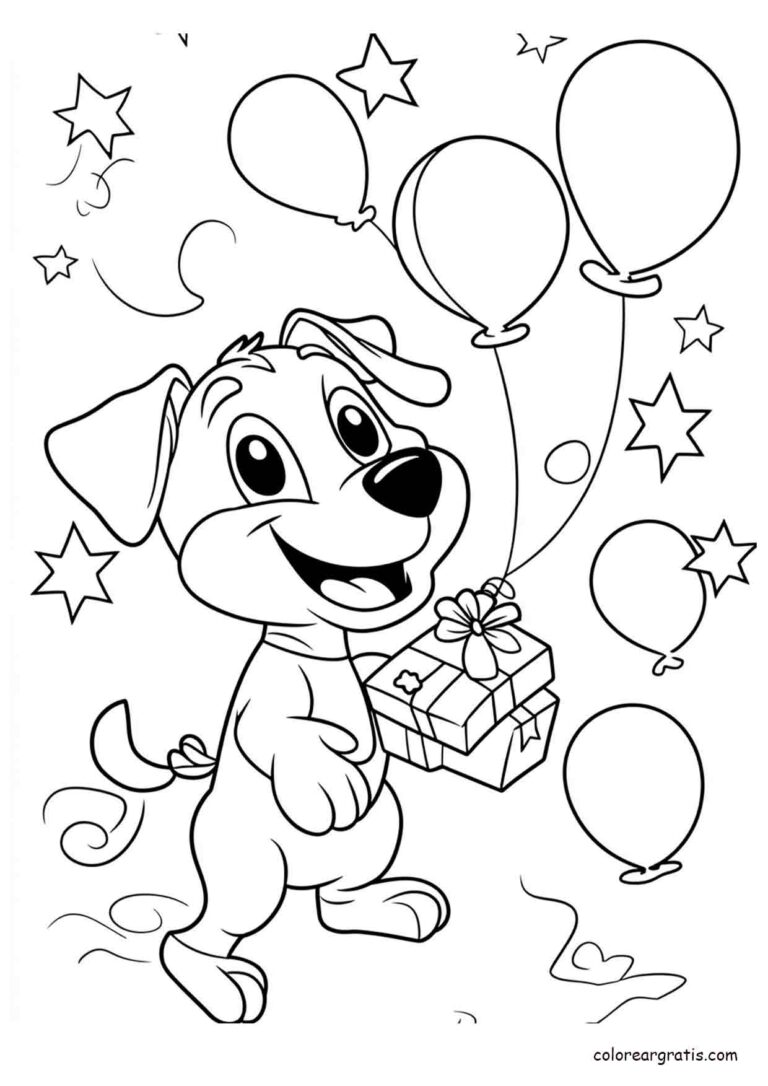 Dibujo de un cachorro sonriente con globos y regalo en una fiesta para colorear