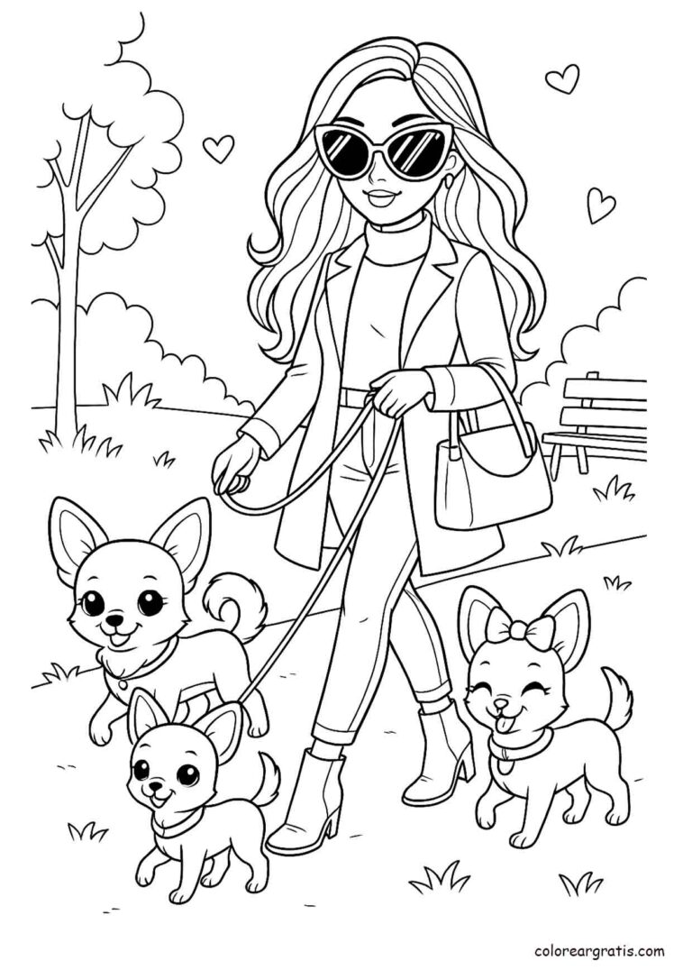 Dibujo para colorear de una chica con gafas paseando tres perros felices