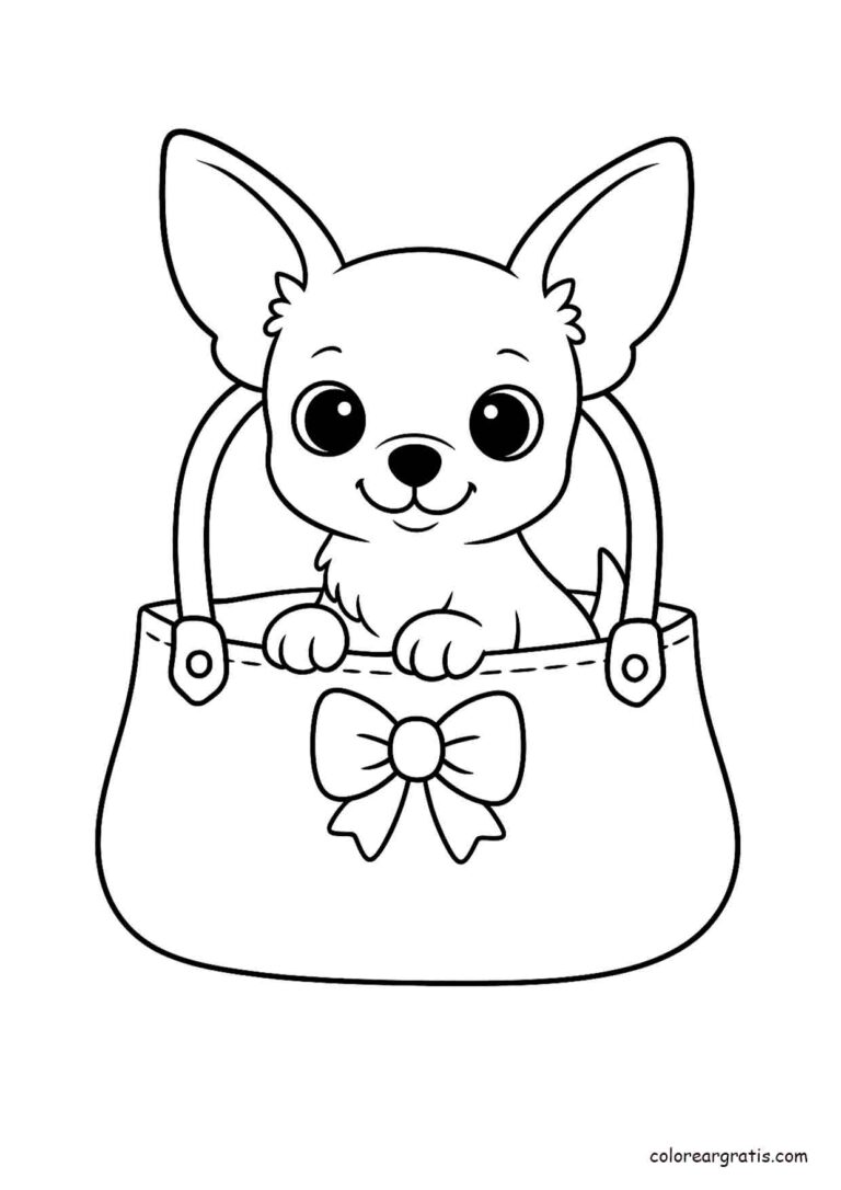 Dibujo tierno de un chihuahua en bolso con lazo para colorear