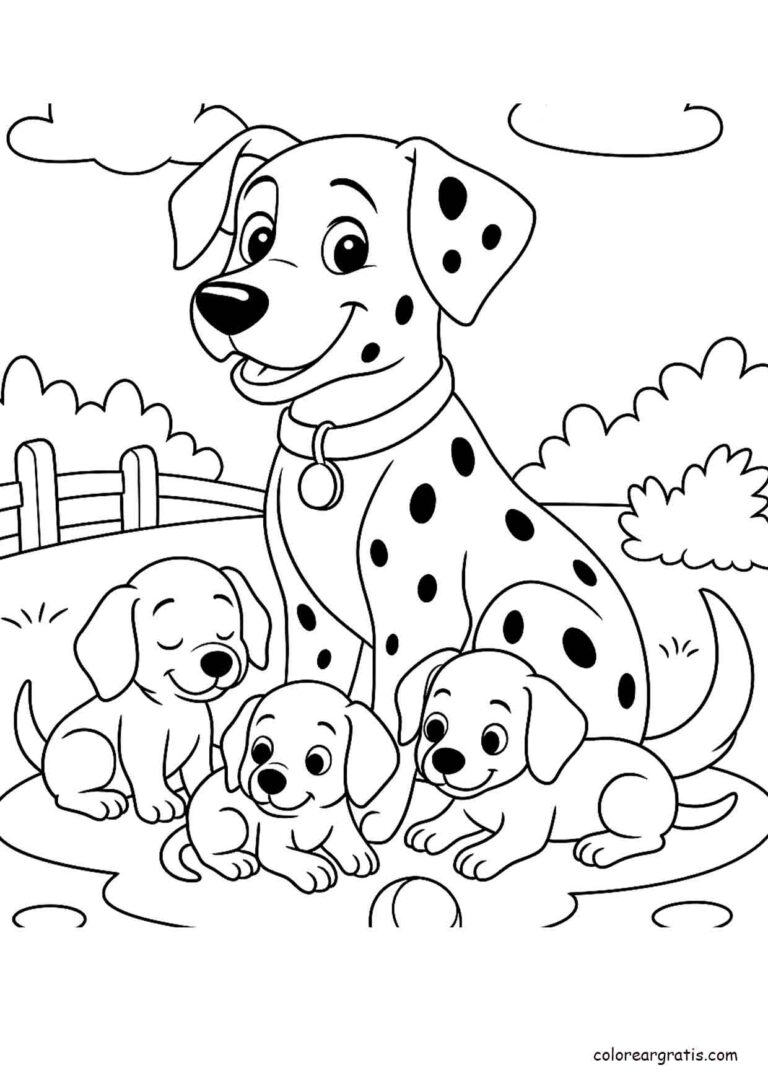 Dibujo adorable de un dálmata con sus cachorros para colorear